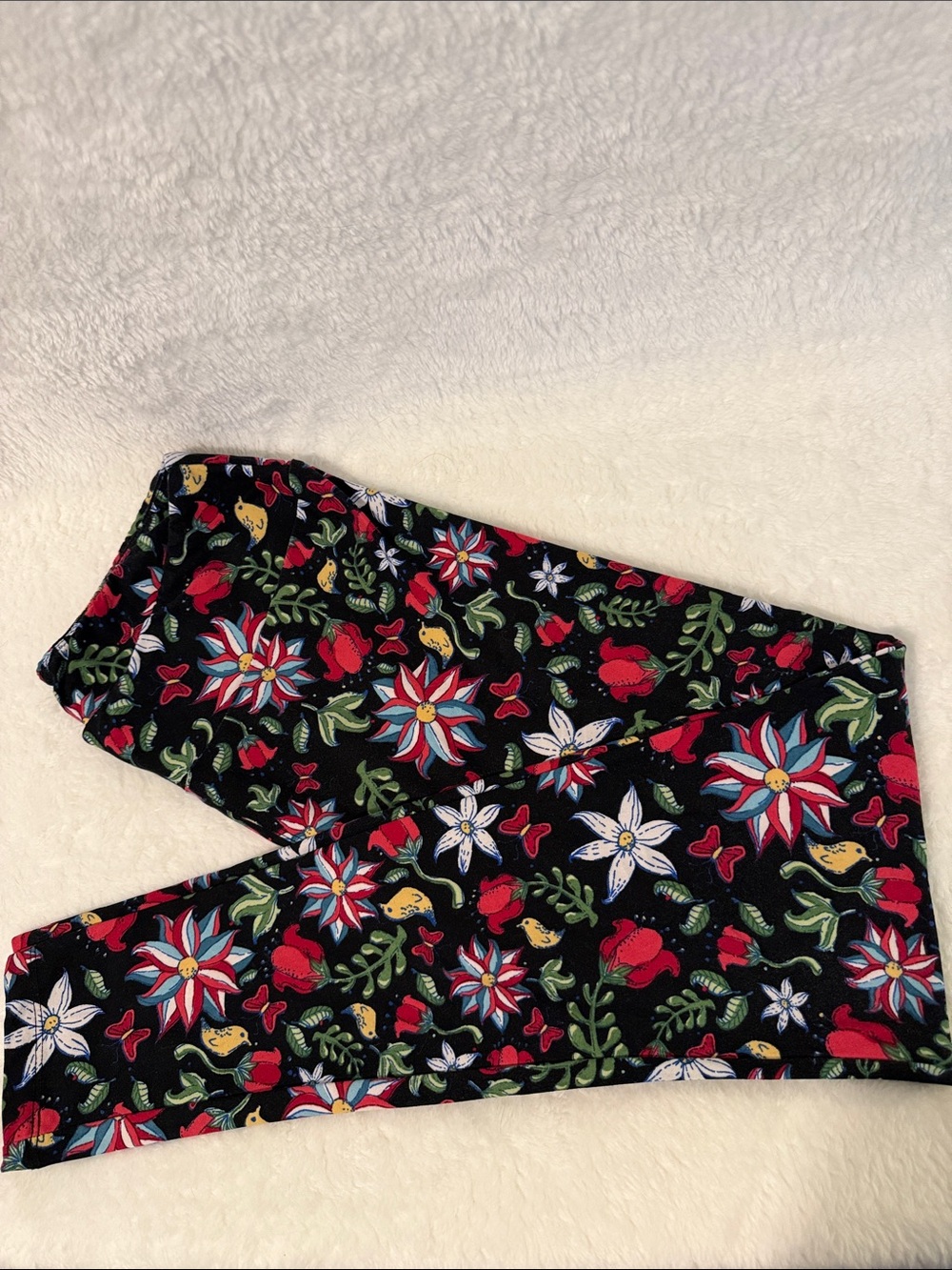 LuLaRoe Black Floral Leggings with Pink, White, Blue and Green Print